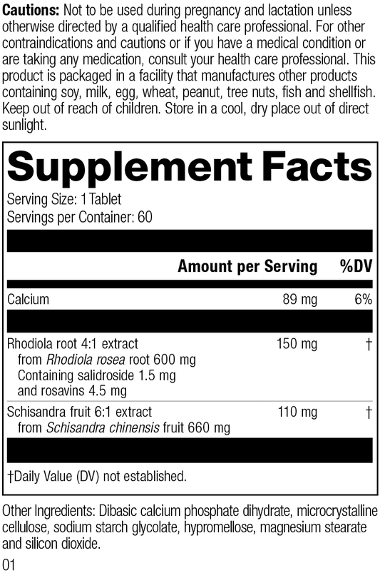 L1800 Rhodiola Schisandra R01 Supplement Facts Label